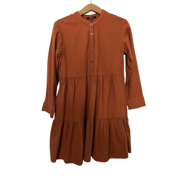 Madewell Flannel Button Placket Tiered Mini Dress Size S Warm Nutmeg Boho - Picture 1 of 7